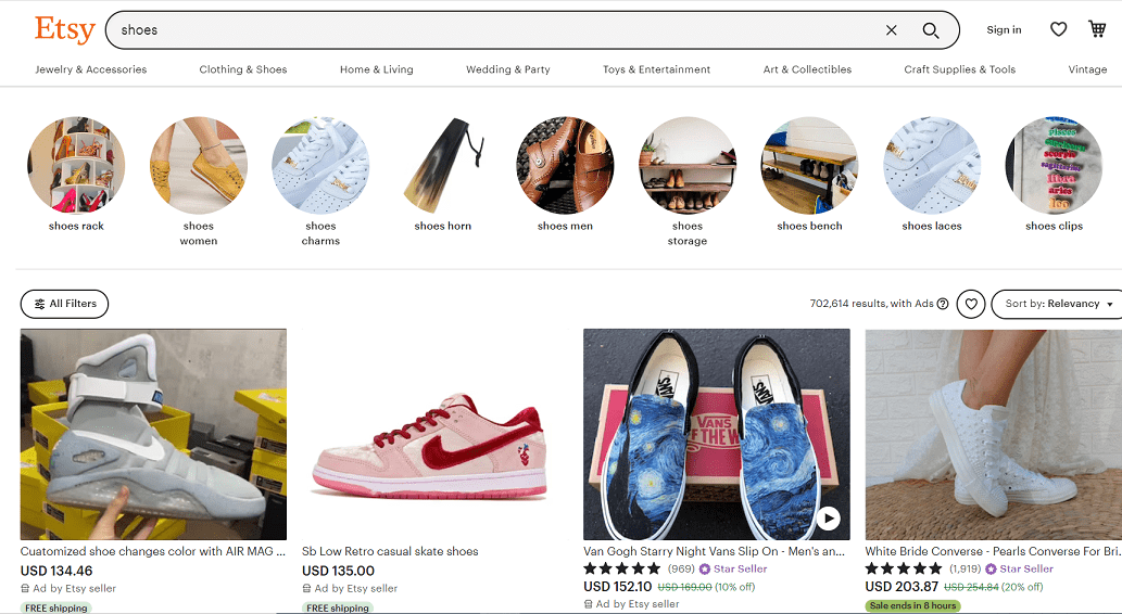 Shoe selection on Etsy