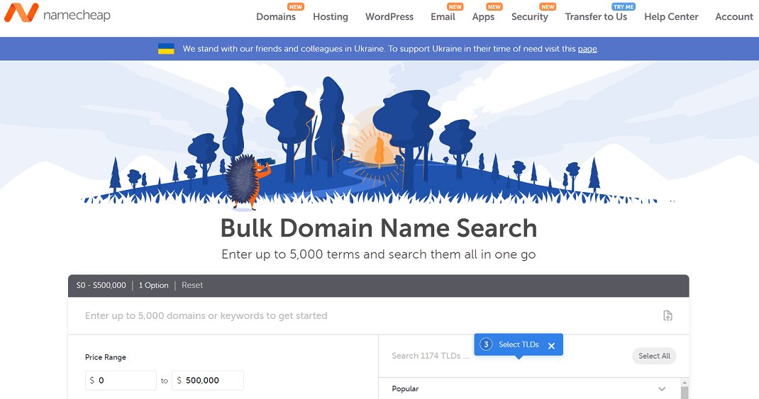 Bulk domain name search on Namecheap
