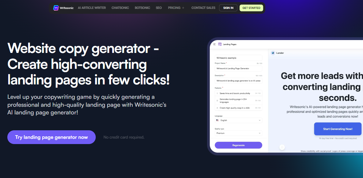 Writesonic Page Builder homepage