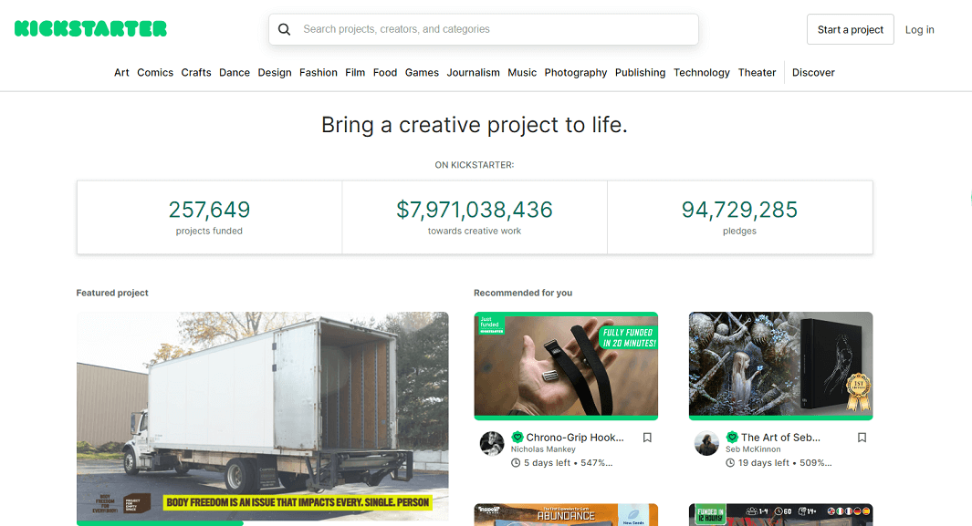 Kickstarter homepage