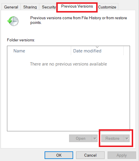 Previous Versions tab on Windows
