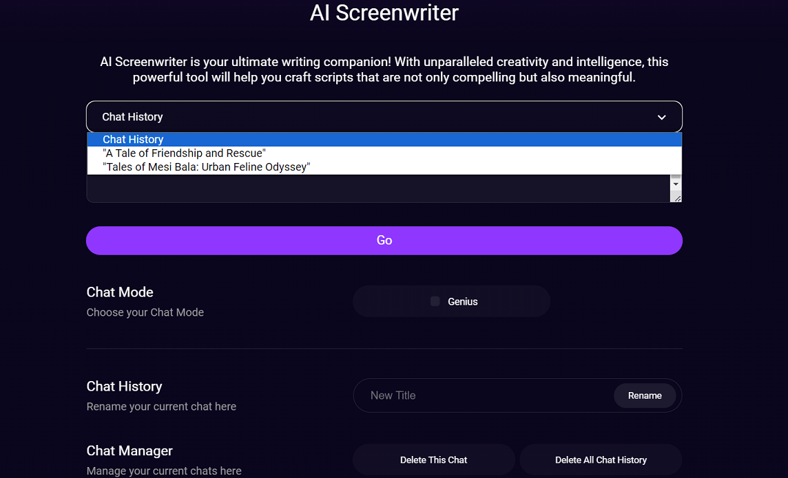 DeepAI Screenwriter user interface