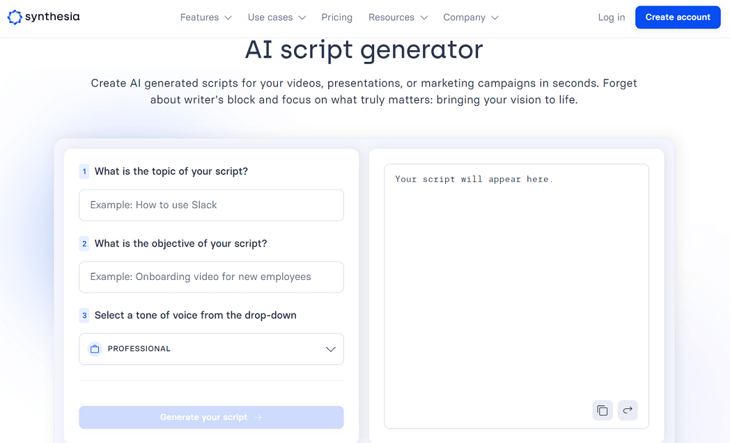 Synthesia AI script generator user interface