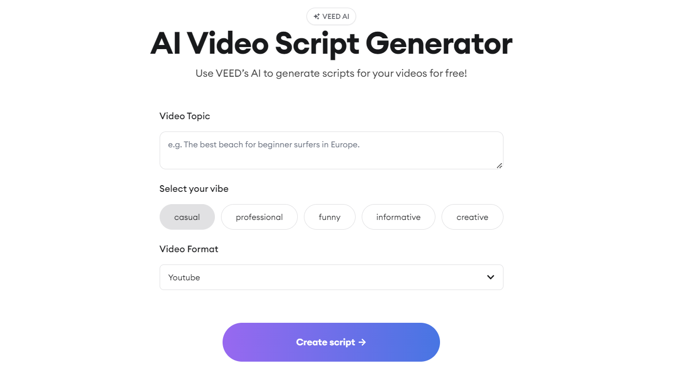 VeedAI Vide Script Generator user interface